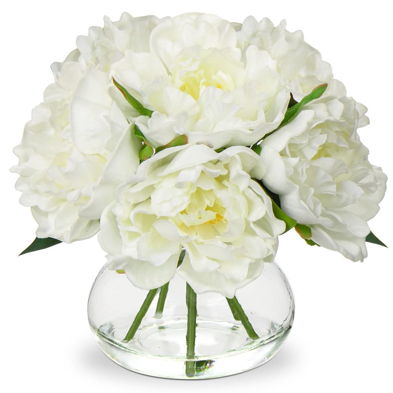 Hollyone Fake Flowers White Peonies Artificial Flowers Faux Flowers with Vase Peony Silk Flower Arrangements in Glass Vase with Faux Water for Home Decor Bathroom Table Centerpiece Shelf Decorations - Image 1