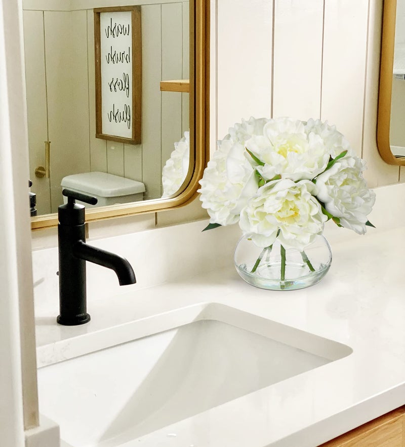 Hollyone Fake Flowers White Peonies Artificial Flowers Faux Flowers with Vase Peony Silk Flower Arrangements in Glass Vase with Faux Water for Home Decor Bathroom Table Centerpiece Shelf Decorations - Image 4