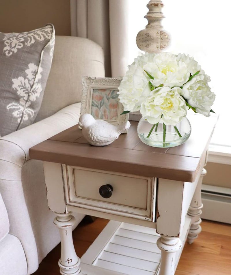 Hollyone Fake Flowers White Peonies Artificial Flowers Faux Flowers with Vase Peony Silk Flower Arrangements in Glass Vase with Faux Water for Home Decor Bathroom Table Centerpiece Shelf Decorations - Image 5