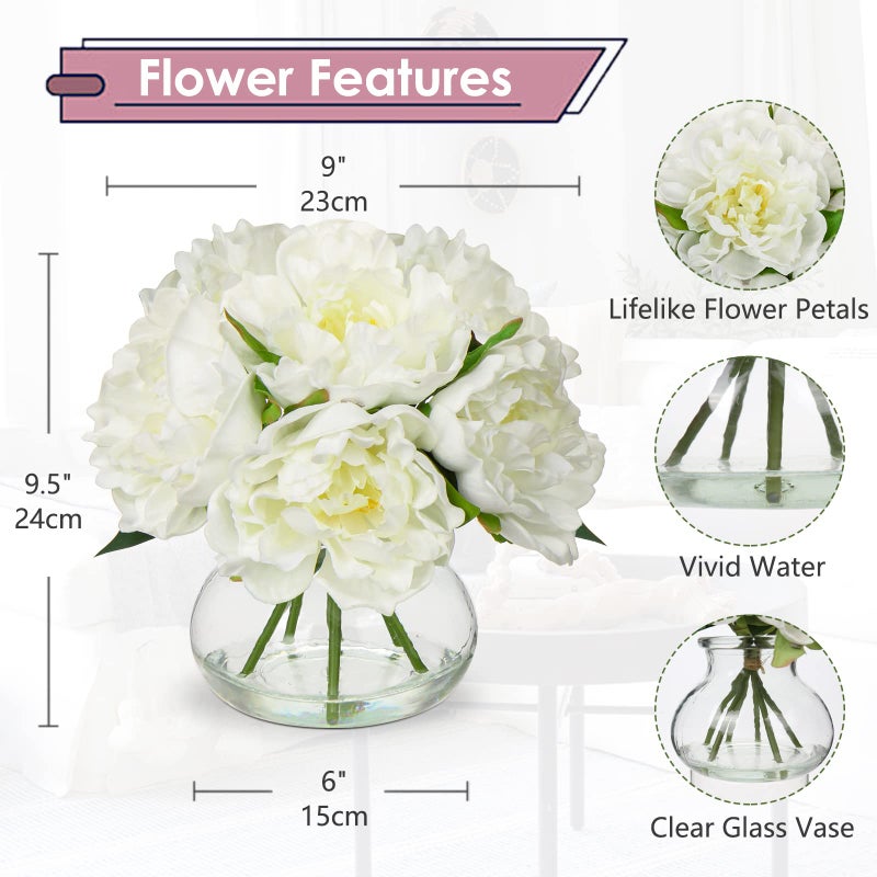 Hollyone Fake Flowers White Peonies Artificial Flowers Faux Flowers with Vase Peony Silk Flower Arrangements in Glass Vase with Faux Water for Home Decor Bathroom Table Centerpiece Shelf Decorations - Image 2