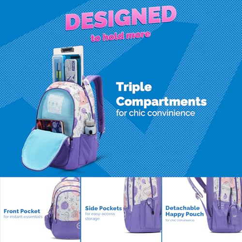 Skybags Charm 03 37 Liters Premium Polyester Fabric School Backpack for Kids with Multiple Compartments and Adujtable Starp - Girls (Purple) - Image 3