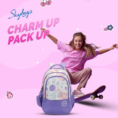 Skybags Charm 03 37 Liters Premium Polyester Fabric School Backpack for Kids with Multiple Compartments and Adujtable Starp - Girls (Purple) - Image 2