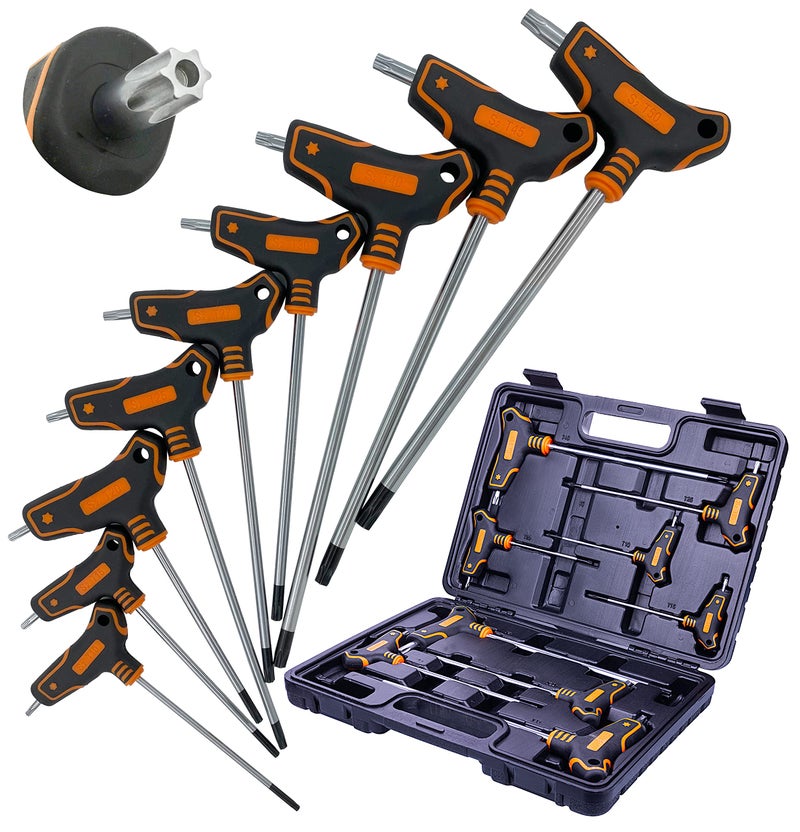 NordWolf 9-Piece T-Handle Torx Wrench Set, S2 Steel Long Arm Security Star Keys, Sizes T10 to T50 in Storage Box - Image 1