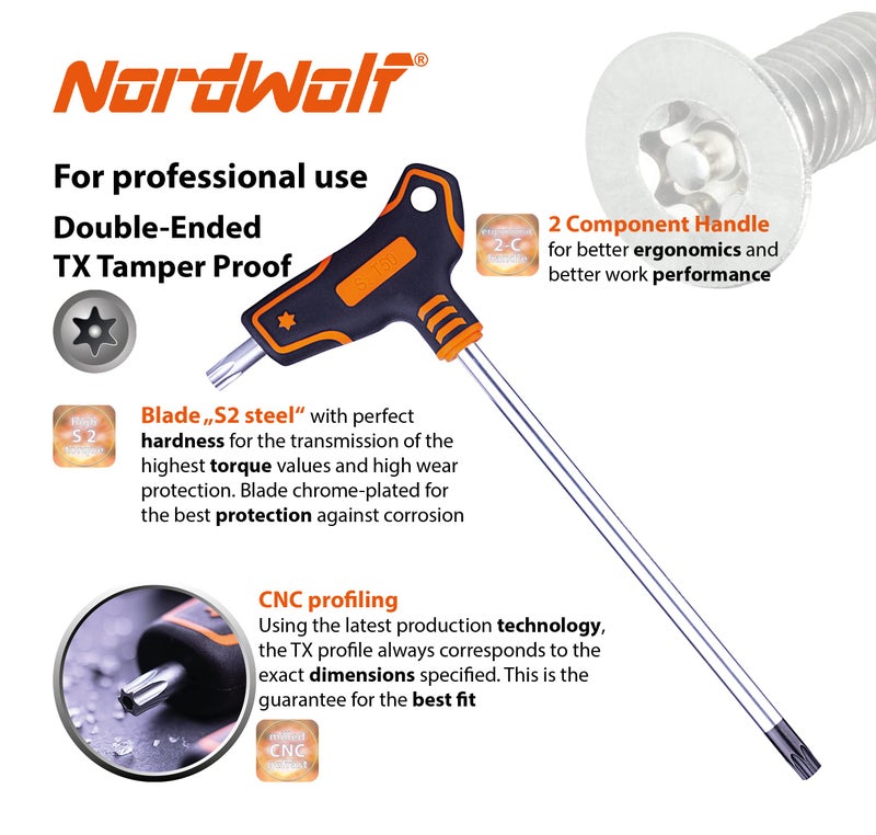 NordWolf 9-Piece T-Handle Torx Wrench Set, S2 Steel Long Arm Security Star Keys, Sizes T10 to T50 in Storage Box - Image 4
