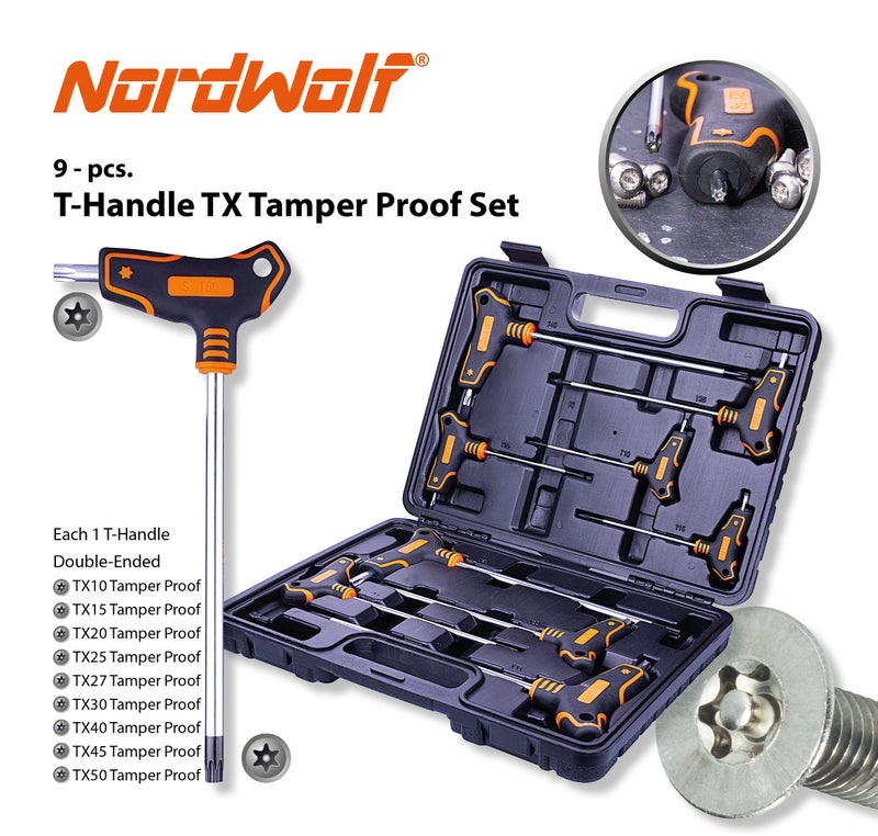 NordWolf 9-Piece T-Handle Torx Wrench Set, S2 Steel Long Arm Security Star Keys, Sizes T10 to T50 in Storage Box - Image 2