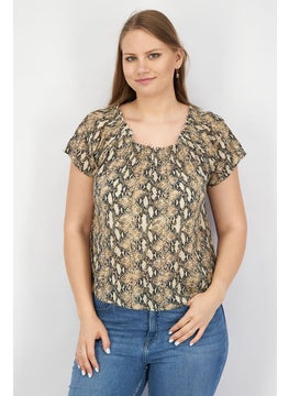 Women Square Neckline Short Sleeve Printed Top, Black Combo