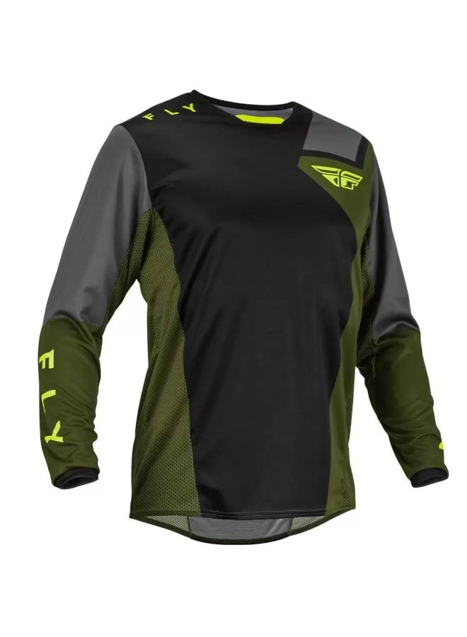 فلاي Racing Black  Olive Green Long-Sleeve Jersey with Neon Yellow Accents and FLY Logo