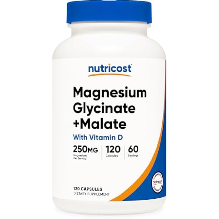 Nutricost Magnesium Glycinate + Malate (250mg) 120 Capsules - High Absorption, with Vitamin D, Vegan, Gluten-Free, GMO-Free, 60 Servings - Image 1
