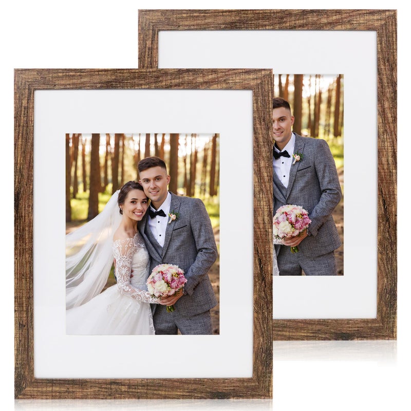 Hongkee 11x14 Picture Frame Set of 2 Made of Real Glass and Rustic Brown Wooden Frame Display 8x10 Pictures with Mat or 11 x 14 Posters without Mat for Wall Mounting Gallery Photo Frames