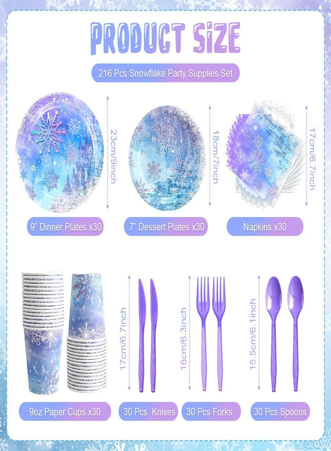 FillTouch مجموعة زينة حفلات ندفة الثلج من فيل تاتش، ٢١٦ قطعة، لوازم حفلات أعياد الميلاد المجمدة، تتضمن أطباقًا ورقية، مناديل، أكوابًا، أدوات مائدة، مفرش طاولة بلاستيكي للاستخدام مرة واحدة، بالونات فويل لامعة على شكل ندفة الثلج، تكفي لـ ٣٠ شخصًا في عطلة الشتاء - Image 2