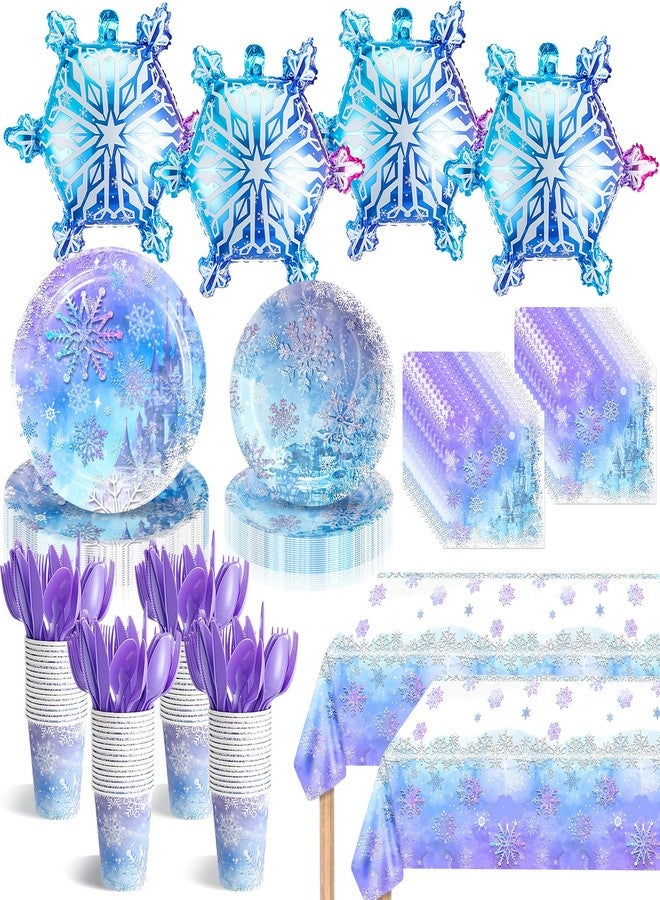 FillTouch مجموعة زينة حفلات ندفة الثلج من فيل تاتش، ٢١٦ قطعة، لوازم حفلات أعياد الميلاد المجمدة، تتضمن أطباقًا ورقية، مناديل، أكوابًا، أدوات مائدة، مفرش طاولة بلاستيكي للاستخدام مرة واحدة، بالونات فويل لامعة على شكل ندفة الثلج، تكفي لـ ٣٠ شخصًا في عطلة الشتاء - Image 1