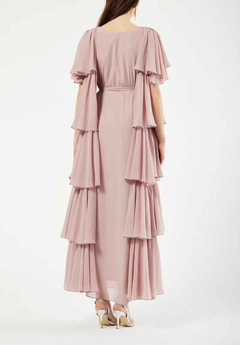 Amri Stunning Symmetrical Layered Chiffon Dress With Round Neckline And Bell Sleeves