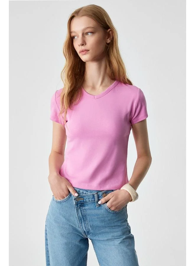 Ethiquet MASROUTI Women's Slim Short V-Neck Short Sleeve Pink T-Shirt.