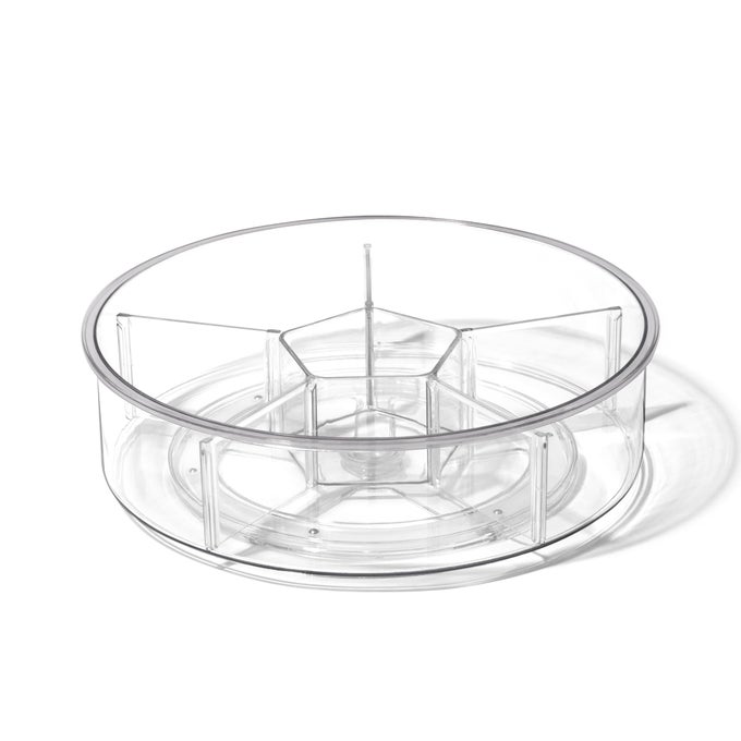 PLASTIC ROUND TURNTABLE ORGANIZER WITH 6 COMPARTMENTS CLEAR SPINNING DIVIDED TURNTABLE CONTAINER ROTATING ORGANIZER STORAGE FOR BOTTLE CONDIMENTS FRIDGE KITCHEN COUNTER PANTRY BATHROOM
