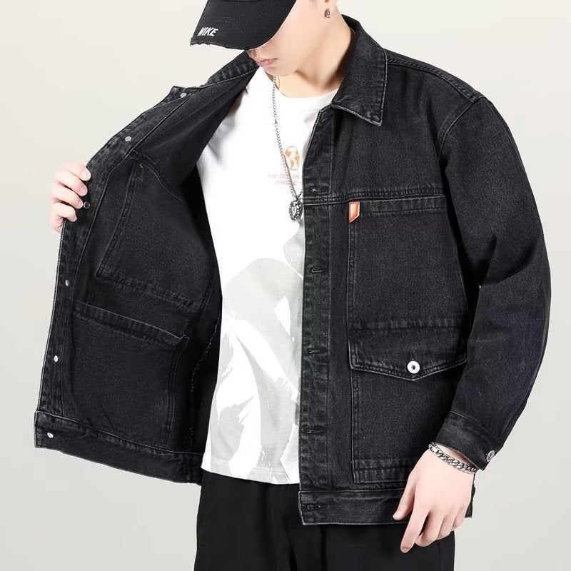 Mens Autumn Winter Casual Denim Work Jacket Grey  - Image 2