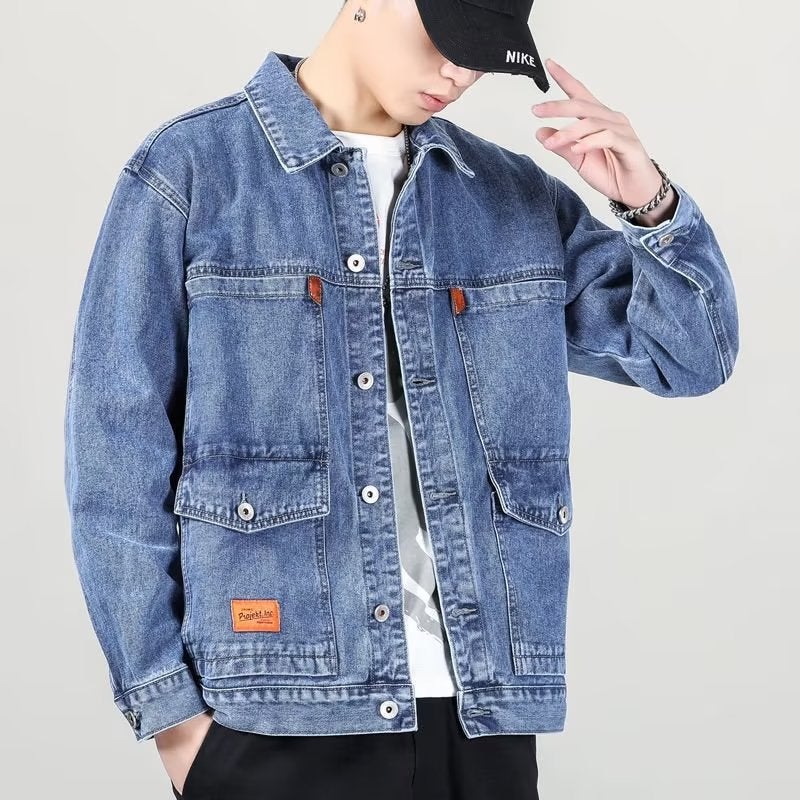 Mens Autumn Winter Casual Denim Work Jacket Grey  - Image 4