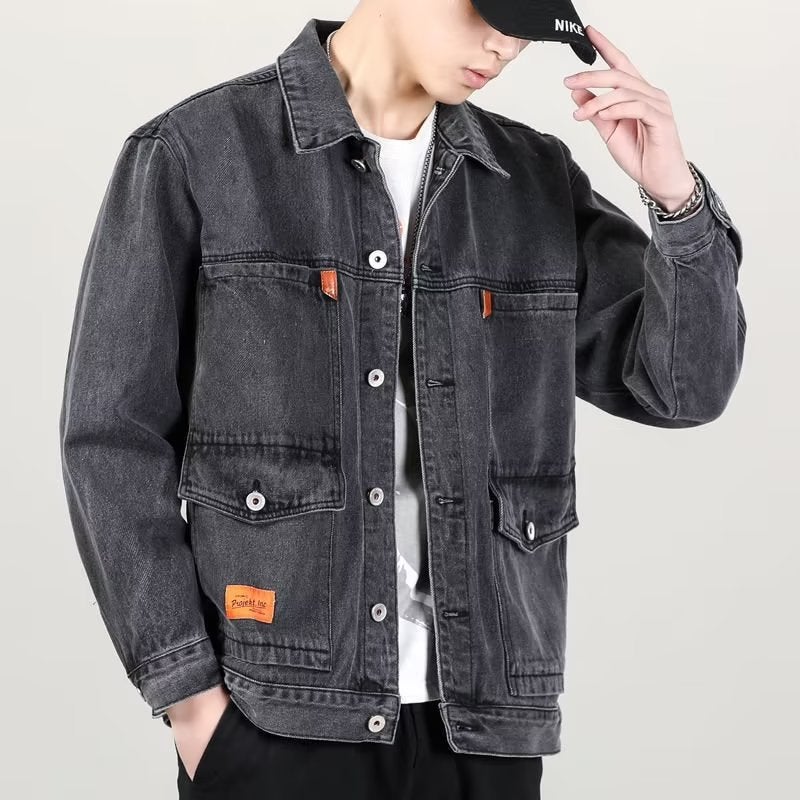 Mens Autumn Winter Casual Denim Work Jacket Grey  - Image 1