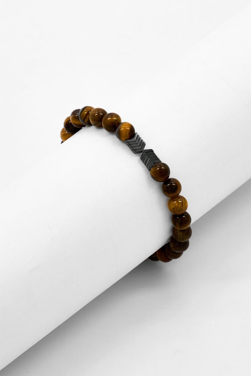 Steeltime Men Tiger Eye And Arrow Shape Hematite Beaded Stretch Bracelet, Brown - Image 1