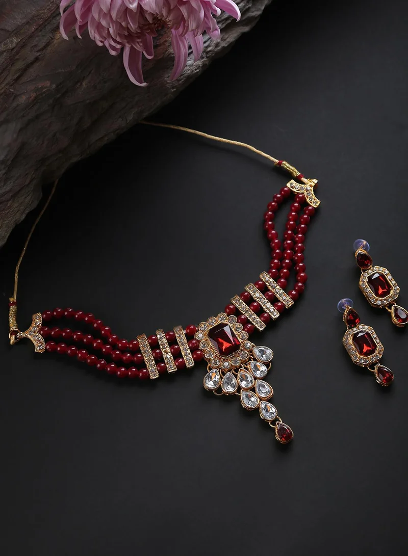 سوهي طقم مجوهرات مرصع بالأحجار واللؤلؤ باللونين الأبيض والأحمر