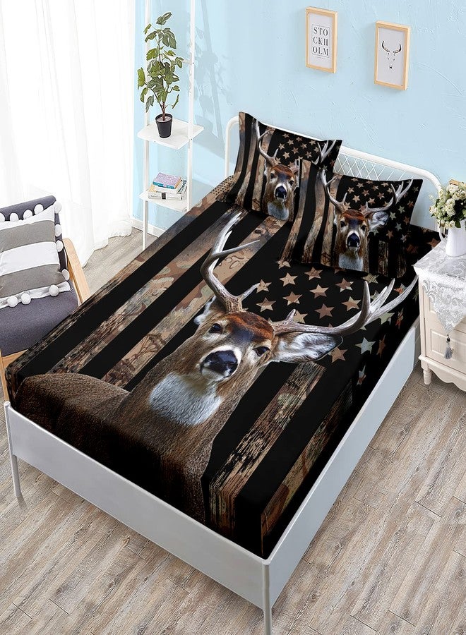 HOSIMA Deer Hunting Camo Bedding,Hunter Bedding Set American Flag Fitted Sheet Set Queen Size for Adult Teen Boy Bedroom Decor,1 Fitted Sheet+2 Pillowcases. - Image 1