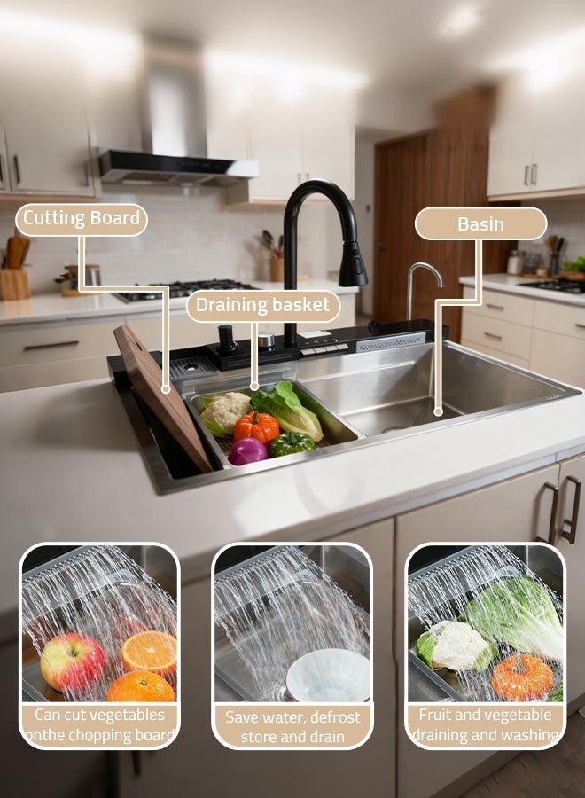 Sharpdo 80*45cm Drop In Waterfall Kitchen Sink, 304 Stainless Steel Top Mount Workstation Single Bowl Sink, Rust Resistant Easy Clean With 360° Rotating Faucet, Cup Rinser & Complete Accessories - Image 3