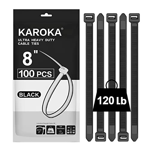 Karoka Zip Ties 8 inch Heavy Duty Zip Ties with 120 Pounds Tensile Strength, Black Cable Ties, 100 Pieces,by Karoka - Image 1