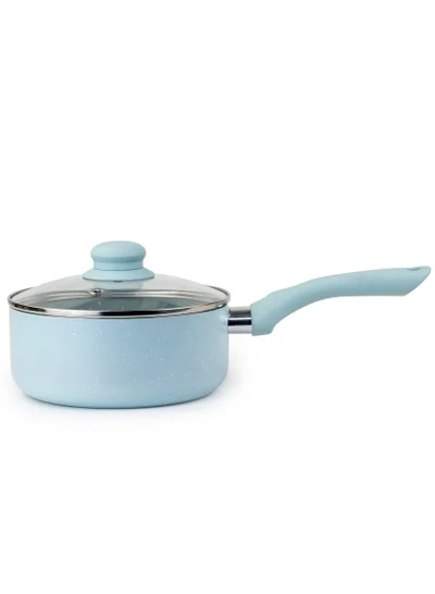Wilson Oak Sauce Pan with Glass Lid and Marble Coating Nonstick Induction Flat Bottom Cast Aluminum – Dia 18cm - Blue