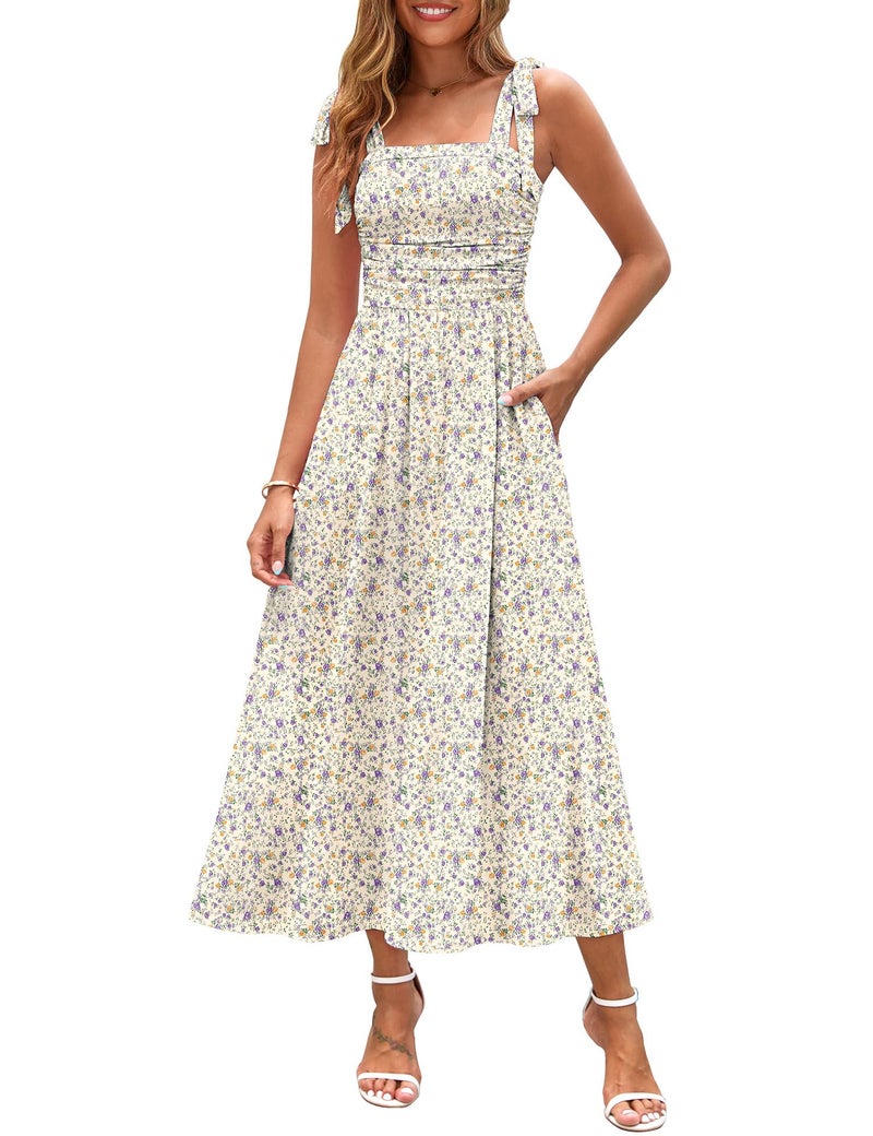 Zattcas Womens 2026 Summer Spaghetti Strap Floral Maxi Dress with Pockets Square Neck Sleeveless Petite Flowy Long Sundresses Beach Vacation Wedding Guest Dresses LightYellow S - Image 1
