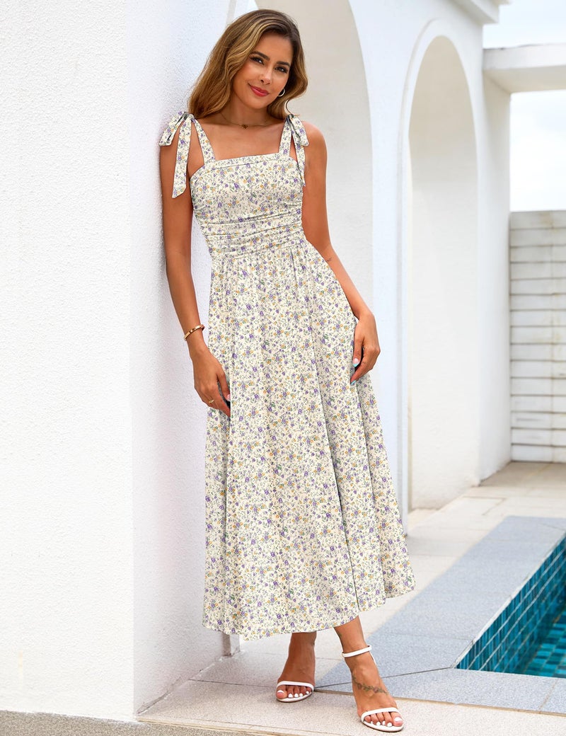 Zattcas Womens 2026 Summer Spaghetti Strap Floral Maxi Dress with Pockets Square Neck Sleeveless Petite Flowy Long Sundresses Beach Vacation Wedding Guest Dresses LightYellow S - Image 3