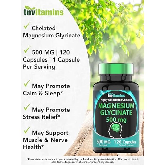 tnvitamins مغنيسيوم جليسينات 500 ملغ لكل كبسولة - 120 حبة | إمداد لمدة 4 أشهر! | مكمل مغنيسيوم مخلب نقي لدعم النوم، الهدوء، الأعصاب، المفاصل، والعظام* | المعروف أيضًا بمغنيسيوم بيسجليسينات | غير معدل وراثيًا - Image 3