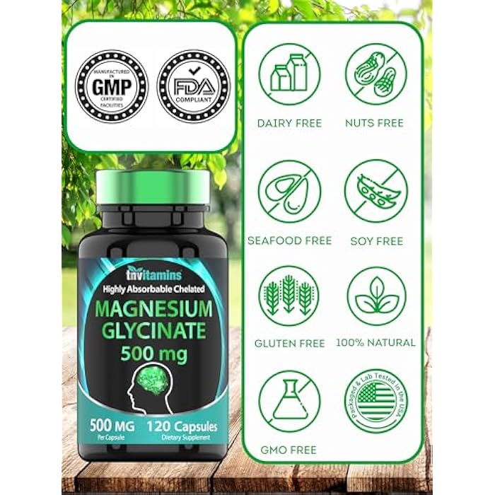 tnvitamins مغنيسيوم جليسينات 500 ملغ لكل كبسولة - 120 حبة | إمداد لمدة 4 أشهر! | مكمل مغنيسيوم مخلب نقي لدعم النوم، الهدوء، الأعصاب، المفاصل، والعظام* | المعروف أيضًا بمغنيسيوم بيسجليسينات | غير معدل وراثيًا - Image 5