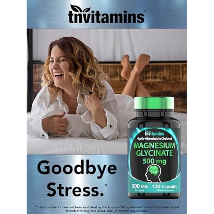 tnvitamins مغنيسيوم جليسينات 500 ملغ لكل كبسولة - 120 حبة | إمداد لمدة 4 أشهر! | مكمل مغنيسيوم مخلب نقي لدعم النوم، الهدوء، الأعصاب، المفاصل، والعظام* | المعروف أيضًا بمغنيسيوم بيسجليسينات | غير معدل وراثيًا - Image 4