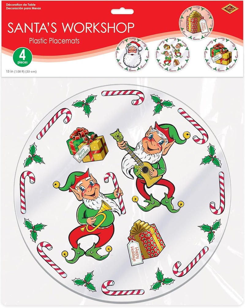 Beistle 4 Piece 13 Round Plastic Santas Workshop Placemats Winter Theme Christmas Party Tableware Made in USA Since 1900 - Image 5