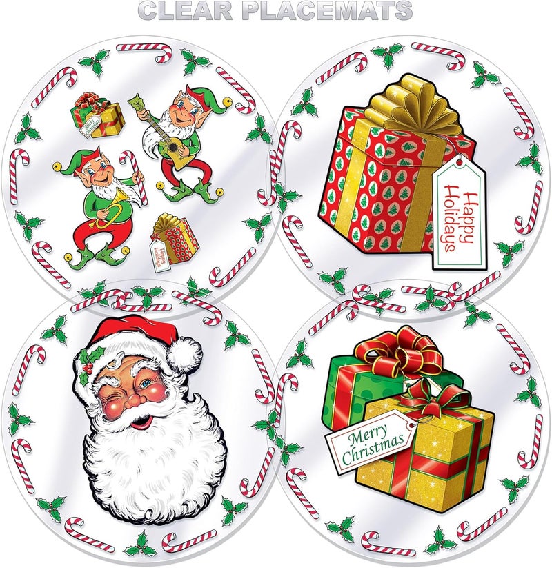 Beistle 4 Piece 13 Round Plastic Santas Workshop Placemats Winter Theme Christmas Party Tableware Made in USA Since 1900 - Image 3