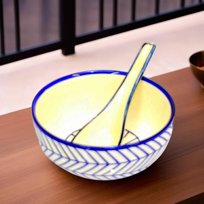 KITTENS 'Blue Arrow' Ceramic Bowls with Spoon | Soup Bowls (350 ML, Microwave Safe & Dishwasher Safe) - Bowl for Soup/Bowl for Pasta/Cereal Bowl/Magi Bowl/Breakfast Bowl | Set of 2 - Image 3