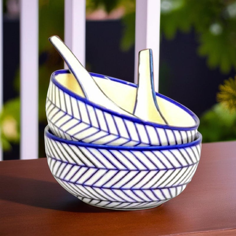 KITTENS 'Blue Arrow' Ceramic Bowls with Spoon | Soup Bowls (350 ML, Microwave Safe & Dishwasher Safe) - Bowl for Soup/Bowl for Pasta/Cereal Bowl/Magi Bowl/Breakfast Bowl | Set of 2 - Image 1