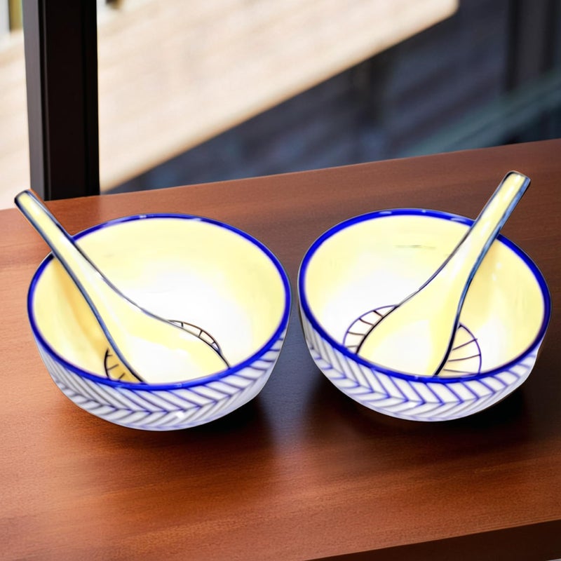 KITTENS 'Blue Arrow' Ceramic Bowls with Spoon | Soup Bowls (350 ML, Microwave Safe & Dishwasher Safe) - Bowl for Soup/Bowl for Pasta/Cereal Bowl/Magi Bowl/Breakfast Bowl | Set of 2 - Image 2