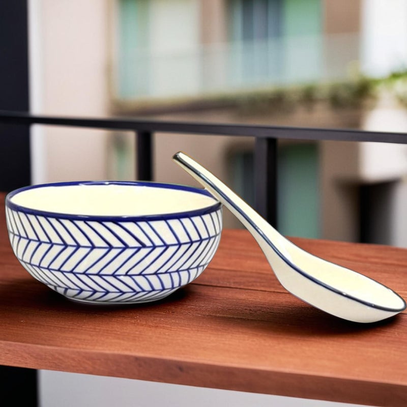 KITTENS 'Blue Arrow' Ceramic Bowls with Spoon | Soup Bowls (350 ML, Microwave Safe & Dishwasher Safe) - Bowl for Soup/Bowl for Pasta/Cereal Bowl/Magi Bowl/Breakfast Bowl | Set of 2 - Image 4