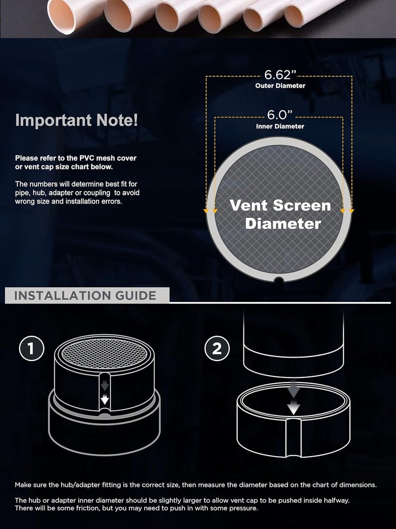 Raven PVC Termination Cap Mesh Screen Vent Cover, Furnace & Roof Vent Cap, Stainless Steel Wire Round Exhaust Pipe Cover End 6" Inner & 6.62" Outer Diameter - Image 4