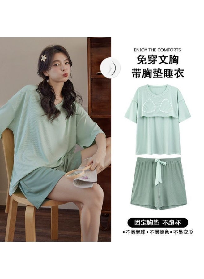 Ice Silk Thread Pajamas Women's Summer With Chest Pads Short Sleeve Shorts Sleepwear Polka Dot Thin Loungewear Set Pyjamas Women - Image 1