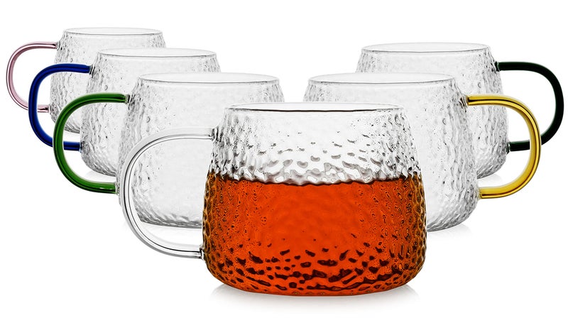 LUXU Hammered Tea Cups,Glass Coffee Mugs,Set of 6 Coffee Cups with Different Color Handles-15 oz,Prefect for Cappuccino,Latte,Water,Mocha,Milk,Widely Used for Cafes,Home and Office - Image 1