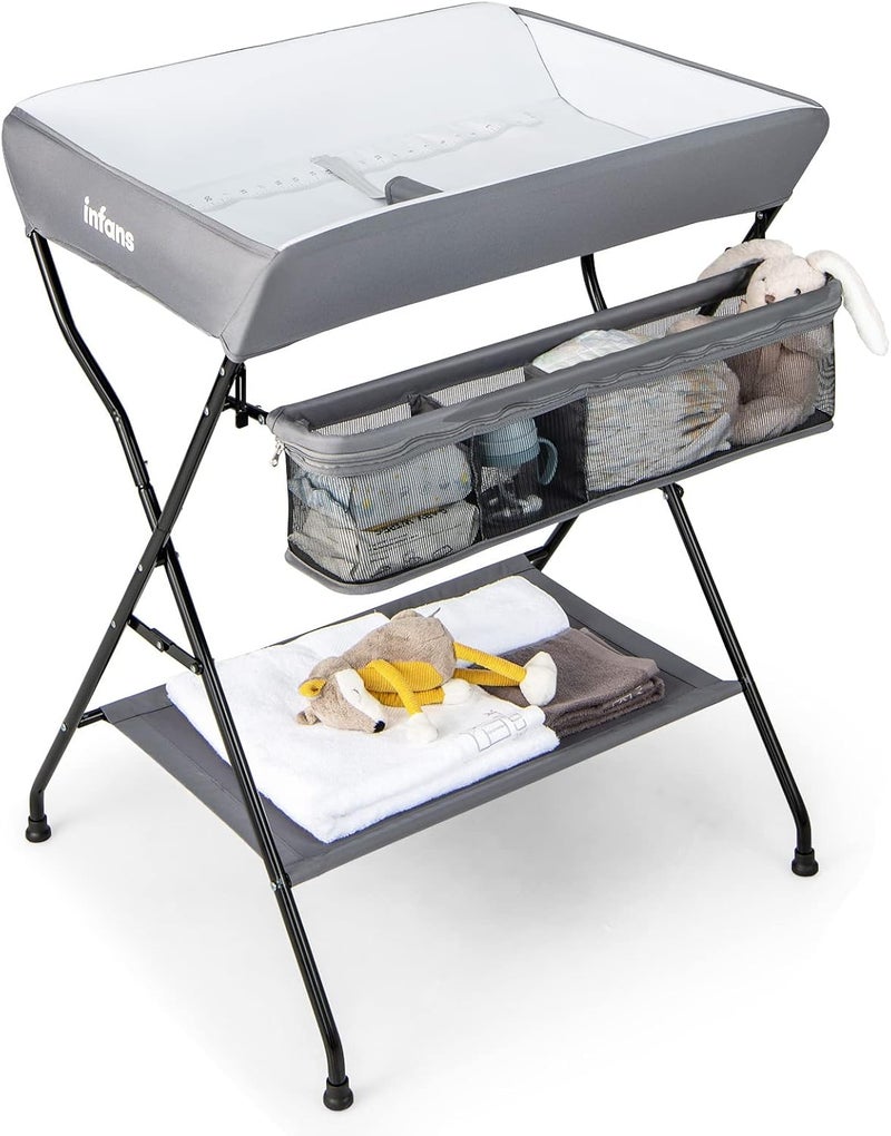 INFANS Baby Changing Table, Folding Diaper Station Portable Nursery Organizer with Safety Belt and Large Storage Racks for Newborn Baby and Infant (Grey) - Image 1