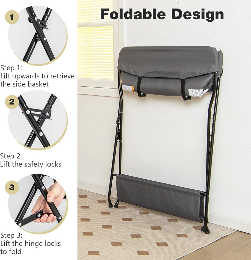INFANS Baby Changing Table, Folding Diaper Station Portable Nursery Organizer with Safety Belt and Large Storage Racks for Newborn Baby and Infant (Grey) - Image 4