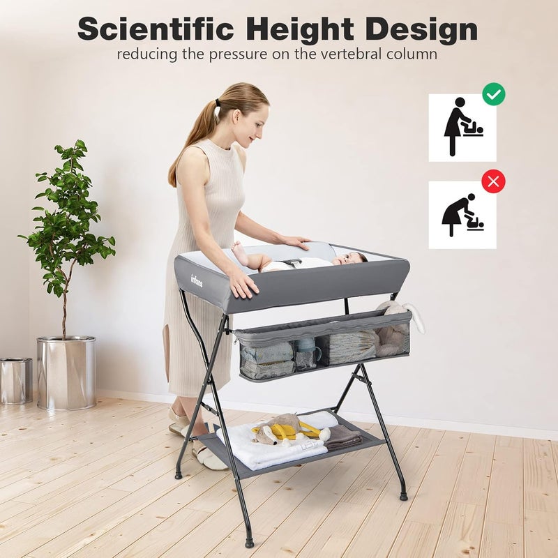 INFANS Baby Changing Table, Folding Diaper Station Portable Nursery Organizer with Safety Belt and Large Storage Racks for Newborn Baby and Infant (Grey) - Image 3
