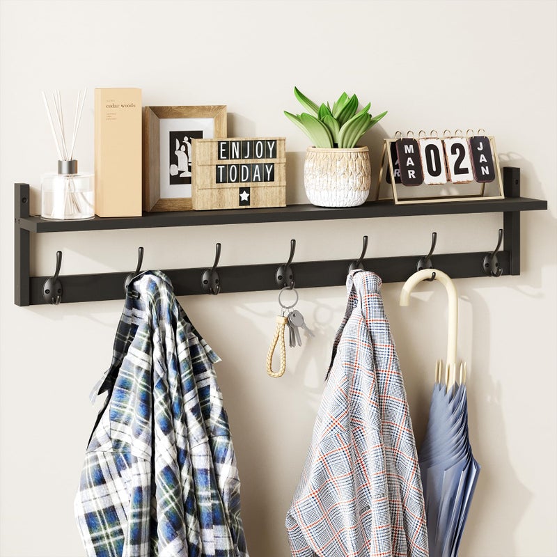 BAMEOS 35 Inch Wall Hooks With Shelf  Entryway Hanging Wood Coat Rack With 7 Dual Hooks for Bathroom Living Room Bedroom Black
