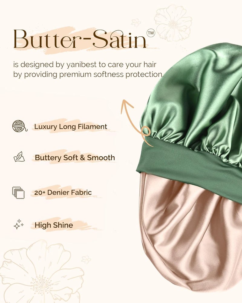 يانيبست Large Jumbo Satin Hair Bonnets for Sleeping Double Layer Satin Lined Shower Cap for Women Men Cap for Curly Natural Hair,Green - Image 2