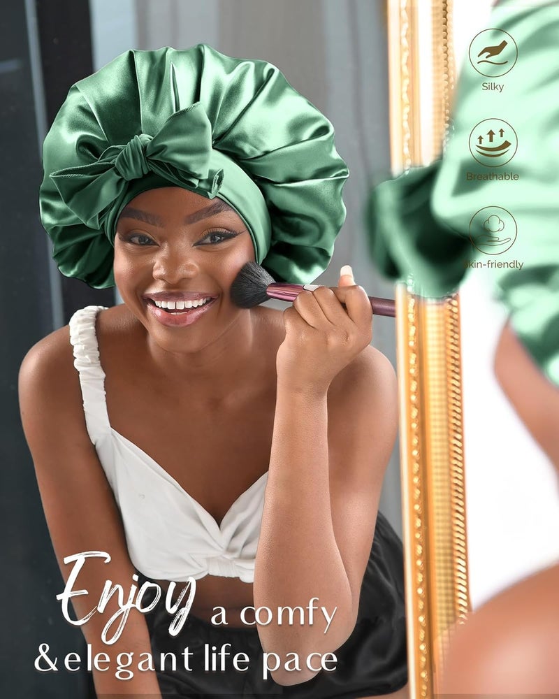 يانيبست Large Jumbo Satin Hair Bonnets for Sleeping Double Layer Satin Lined Shower Cap for Women Men Cap for Curly Natural Hair,Green - Image 5
