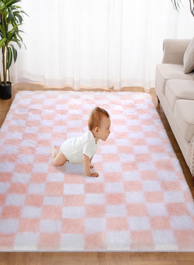 TOOHUB Super Soft Rug for Bedroom, 8x10 Ft Pink and White Area Rug Classic Checkered Shaggy Anti-Skid High Pile Soft Fluffy Rug Fuzzy Carpet for Living Room Bedroom Kids Room Nursery, Dorm Home Decor - Image 2