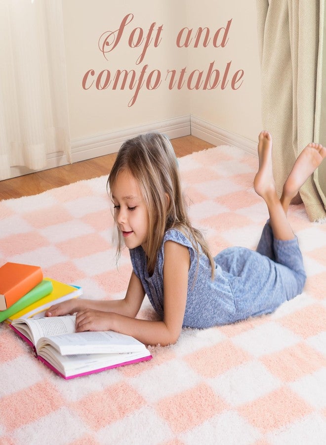 TOOHUB Super Soft Rug for Bedroom, 8x10 Ft Pink and White Area Rug Classic Checkered Shaggy Anti-Skid High Pile Soft Fluffy Rug Fuzzy Carpet for Living Room Bedroom Kids Room Nursery, Dorm Home Decor - Image 4