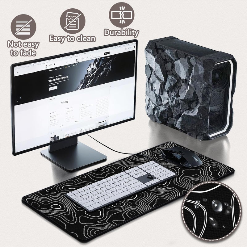 Yuhijoy Mouse Pad Gaming - Desk Mat for Keyboard and Mouse - Large Mouse Pad for Desk, Black Topographic Mousepad (31.5 x 11.8inch) with Non-Slip Base, Desks Pad Mat for Gaming, Office and Home - Image 4